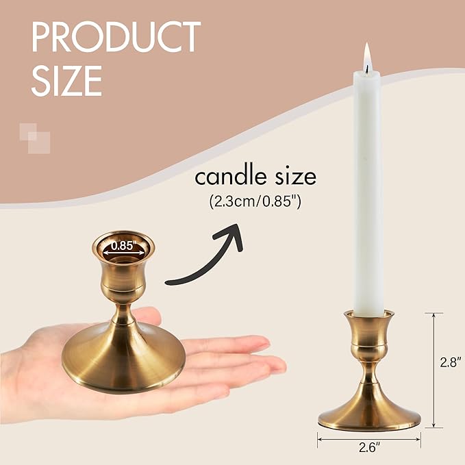 Gold Taper Candle Holder, Brass Candlestick Holders, Vintage Metal for Table Centerpieces Wedding Christmas Decor (Gold, 12 Pcs)