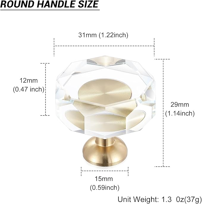 12-Pack 1-1/4-Inch White Cabinet Glass Crystal Patterned knob Brass Drawer Dresser Pulls, Gold Hardware Kitchen Closet knobs for Bifold Doors