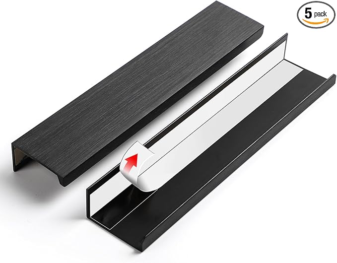 5 Pack Adhesive Cabinet pulls 6 inch Stick on Handles Black Finger pulls for cabinets Finger pulls Adhesive Drawer pulls Edge for Concealed Seam Handles Flat