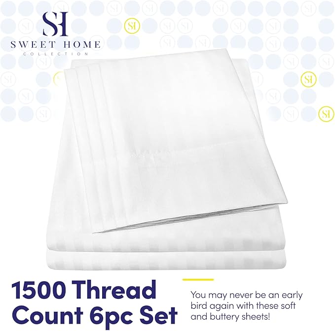 Dobby Stripe Queen Sheets - 6 Piece 1500 Supreme Collection Fine Brushed Microfiber Deep Pocket Queen Sheet Set Bedding - 2 Extra Pillow Cases, Great Value, Queen, Dobby White