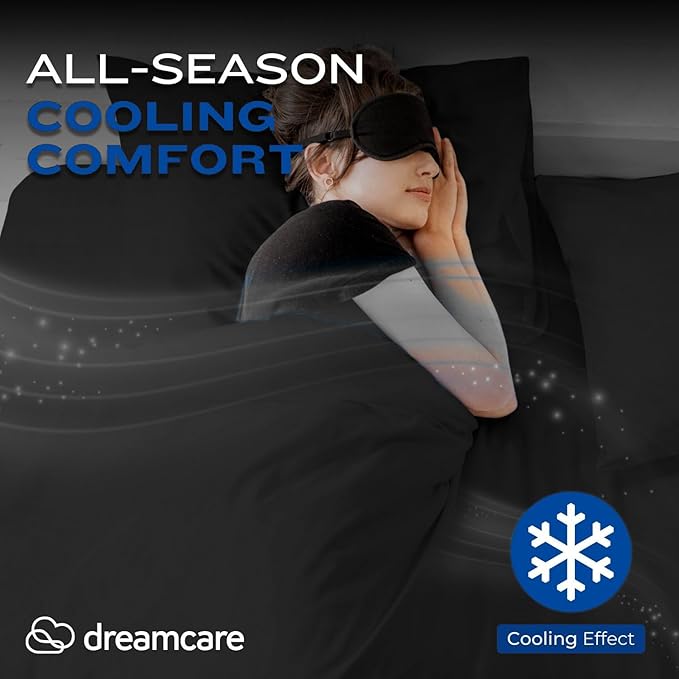 DREAMCARE Full Size Sheets - Cooling Bed Sheets - 4pcs Set - up to 15" Deep Pocket Full Sheet Set - Sheets Full Size Bed - Soft & Long Lasting 100% Fine Brushed Polyester with Side Pocket - Black