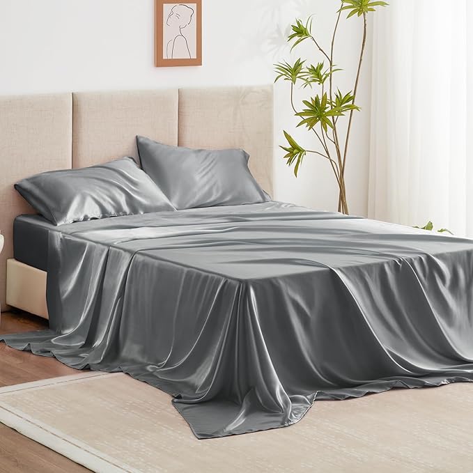 Love's cabin Satin Queen Sheets Set - 4 Piece Dark Grey Silky Bed Sheets with Deep Pocket, Luxury Silk Feel Satin Queen Size Sheet Set (1 Flat Sheet,1 Fitted Sheet,2 Pillow Cases)