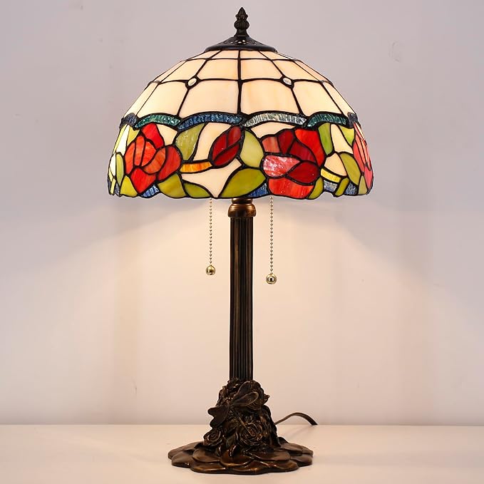 Tiffany Stained Glass Table Lamp 12X12X21Inch Resin Base Desk Bedroom Living Room Reading Light (red Rose)