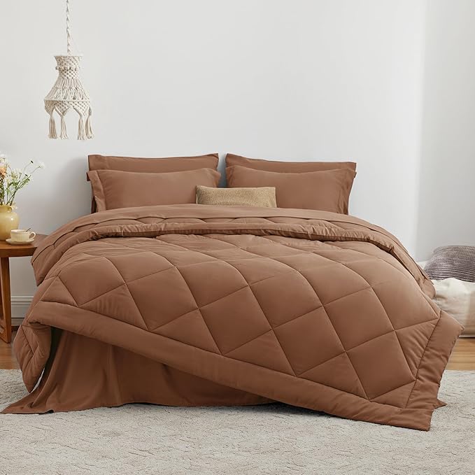 Love's cabin California King Comforter Set Mocha Mousse, 7 Pieces California King Bed in a Bag, All Season Bedding Sets with 1 Comforter, 1 Flat Sheet, 1 Fitted Sheet, 2 Pillowcase and 2 Pillow Sham