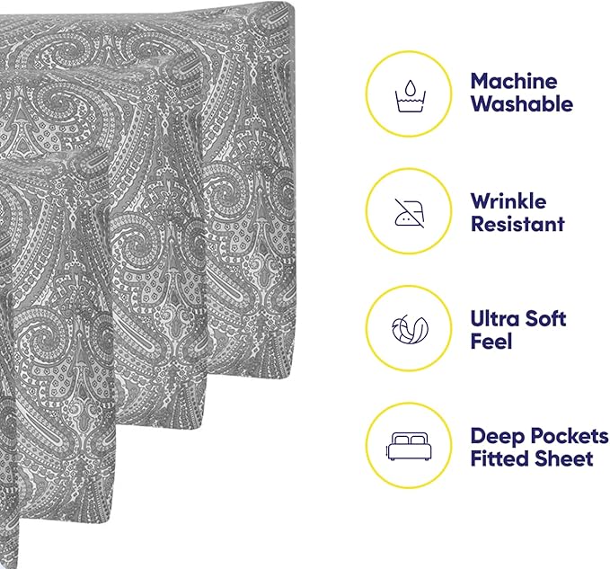 Twin Size Bed Sheets - 4 Piece 1500 Supreme Collection Fine Brushed Microfiber Deep Pocket Twin Sheet Set Bedding - 1 EXTRA PILLOW CASES, GREAT VALUE, Twin, Paisley Gray