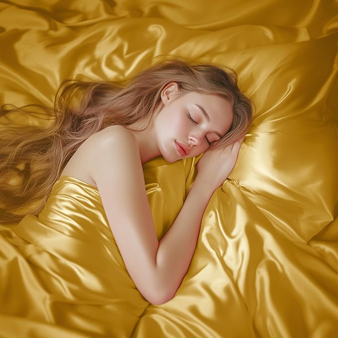 Love's cabin Satin Queen Sheets Set - 4 Piece Gold Silky Bed Sheets with Deep Pocket, Luxury Silk Feel Satin Queen Size Sheet Set (1 Flat Sheet,1 Fitted Sheet,2 Pillow Cases)