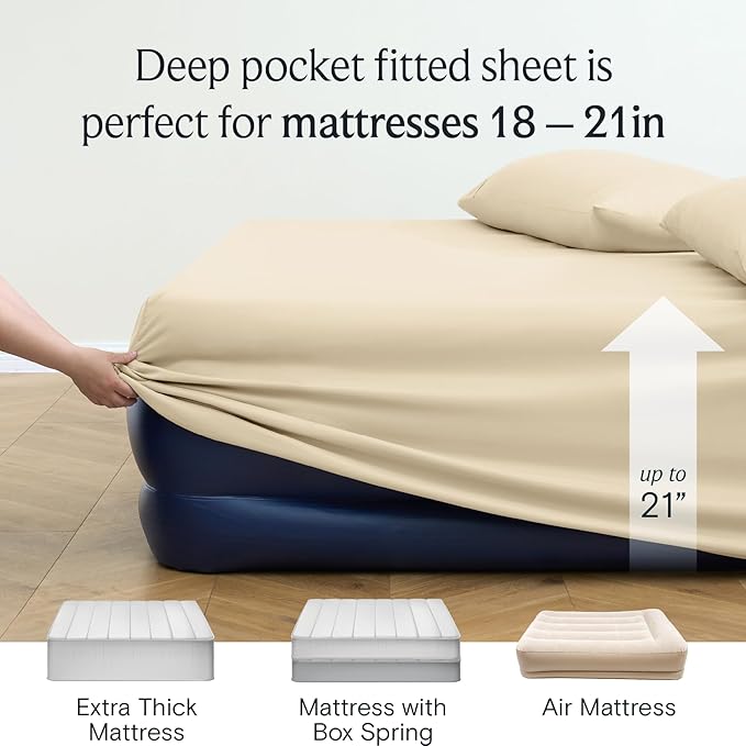 LuxClub 4 PC Queen Sheet Set, Queen Size, Deep Pockets Wrinkle Free Cooling Bed Sheets Machine Washable Hotel Bedding Silky Soft - Cream Queen
