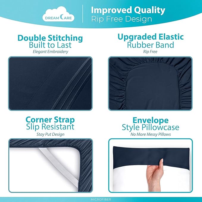 DREAMCARE Sheets Full Size Bed - Cooling Bed Sheets - 6pcs Set - Full Sheet Set - Full Size Sheets - Full Size Sheet Sets Soft & Long Lasting 100% Fine Brushed Polyester with Side Pocket - Navy Blue