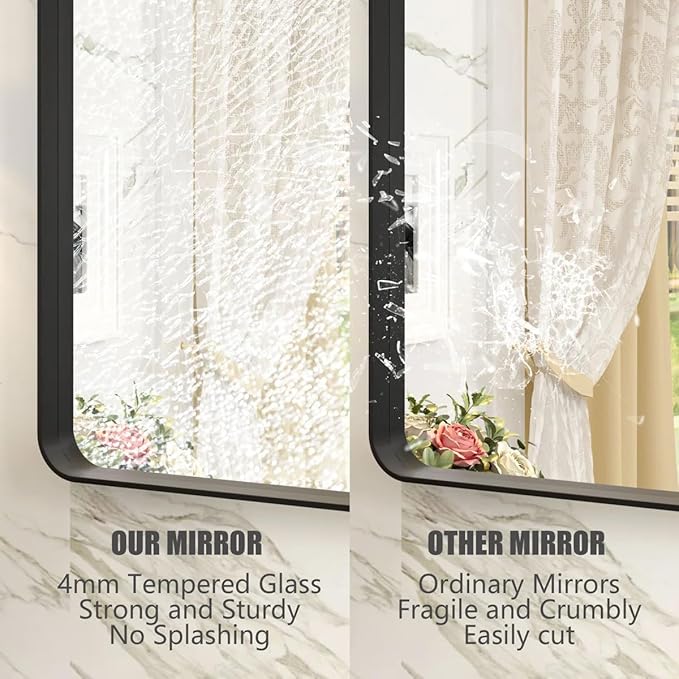 44x36 Inch Black Metal Framed Bathrrom Mirror for Wall, Black Matte Rounded Rectangle Bathroom Vanity Mirror, Anti-Rust, Tempered Glass, Hangs Horizontally or Vertically