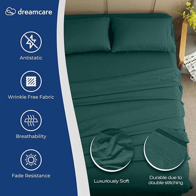 DREAMCARE Full Size Sheets Set - 4 Pcs Cooling Bed Sheets with Up to 15" Deep Pockets - Soft, Long-Lasting 100% Brushed Polyester with Side Pocket (Emerald Green)