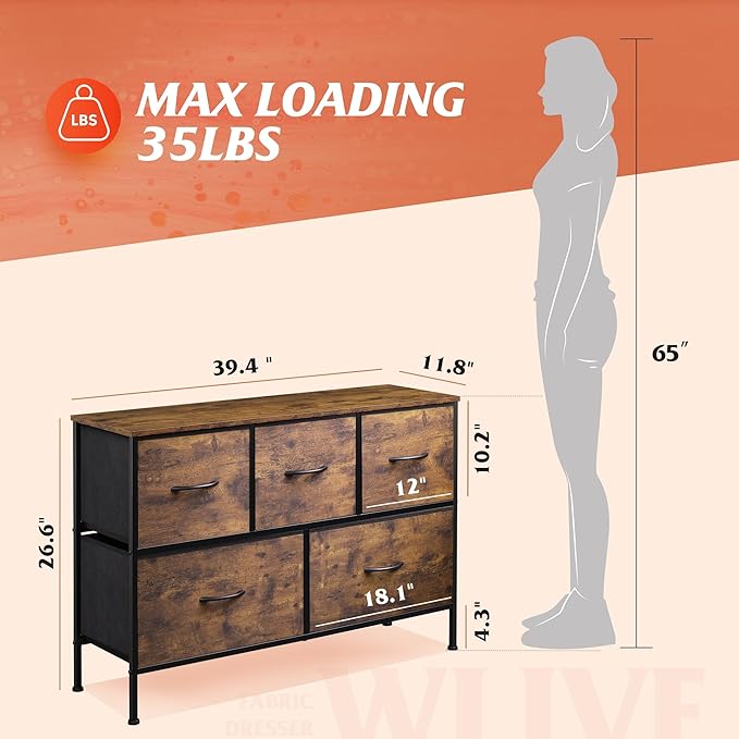 WLIVE Dresser for Bedroom with 5 Drawers, Long Fabric Dresser, Storage Drawer Unit with Fabric Bins for Closet, Hallway, Rustic Brown Wood Grain Print, Size L