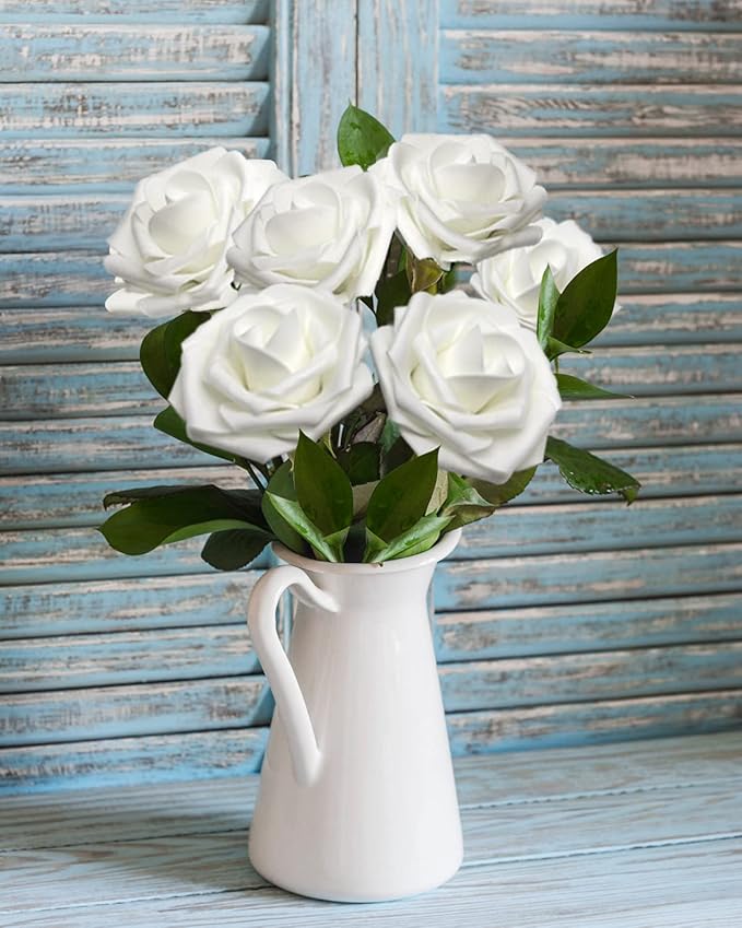 JOYLEX Artificial Flowers Realistic Roses, 50pcs Real Looking Fake Roses with Stem for DIY Wedding Bouquets Centerpieces Bridal Shower Party Home Romantic Decorations (Regular 3" - 50pcs, White)