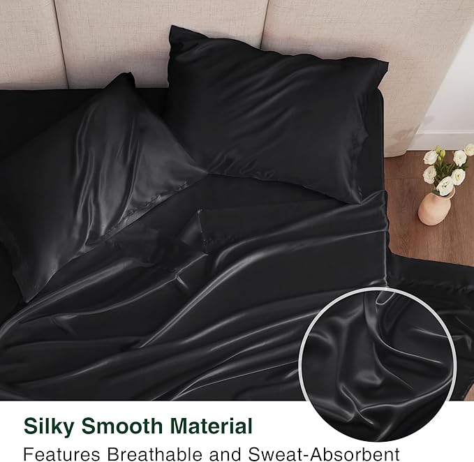 Love's cabin Satin Queen Sheets Set - 4 Piece Black Silky Bed Sheets Set with Deep Pocket, Luxury Silk Feel Satin Queen Size Sheet Set (1 Flat Sheet,1 Fitted Sheet,2 Pillow Cases)