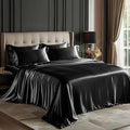 Love's cabin Satin Queen Sheets Set - 4 Piece Black Silky Bed Sheets Set with Deep Pocket, Luxury Silk Feel Satin Queen Size Sheet Set (1 Flat Sheet,1 Fitted Sheet,2 Pillow Cases)