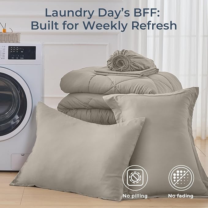 HEVUMYI Oatmeal Twin-XL Comforter Set - 5-Piece All Season Bed in a Bag Twin-XL, Ultra Soft Bedding Set with Comforter, Flat Sheet, Fitted Sheet, Pillowcases, Pillow Shams