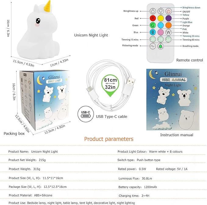 Large Unicorn Night Lights for Kids, 9 Colors silicone Bedside Table Lamps Baby Bedroom Lighting Nursery Children Tap lamp for Toddlers Boys Girls Adults Student Elder Bathroom Outdoor - Large