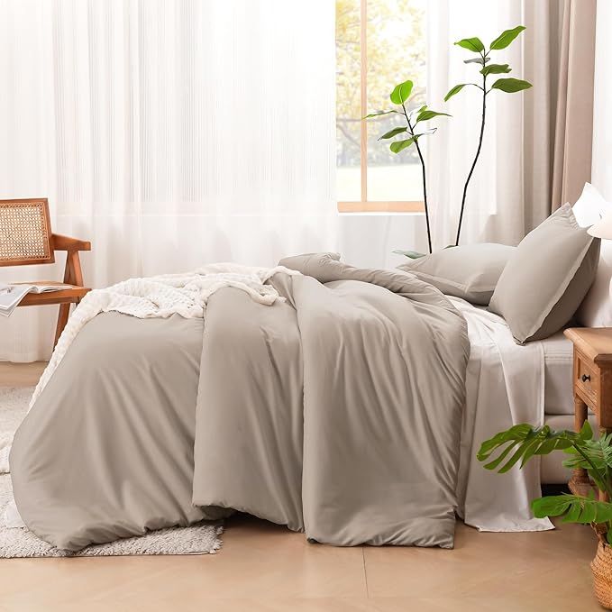 Litanika Light Coffee Oversized King Comforters Super King Size, 3 Pieces Lightweight Solid Bedding Comforter Set, All Season Fluffy Bed Set (120x120In Comforter & 2 Pillowcases)