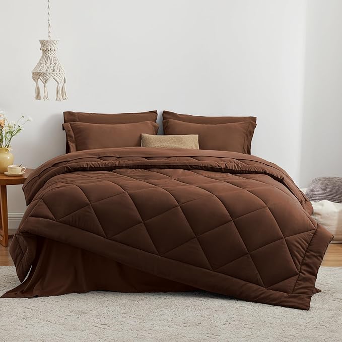 Love's cabin Twin XL Comforter Set Brown, 5 Pieces Twin XL Bed in a Bag, All Season Bedding Sets with 1 Comforter, 1 Flat Sheet, 1 Fitted Sheet, 1 Pillowcase and 1 Pillow Sham