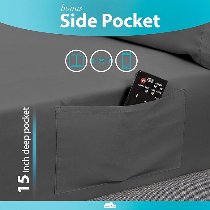 DREAMCARE California King Sheet Sets - Cooling Bed Sheets - 4pcs Set - up to 15" Deep Pocket Cal King Sheets - California King Sheets - Soft & Lasting 100% Brushed Polyester with Side Pocket - D.Gray