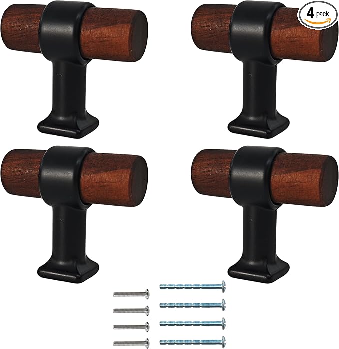 4Pcs 1.57” Walnut Wood Drawer Pulls, Single Hole Kitchen Cabinet Hardware Handles, Metal and Wooden Cabinet Knobs, T Bar Knob Pull Handles for Wardrobe, Dresser, Cupboard