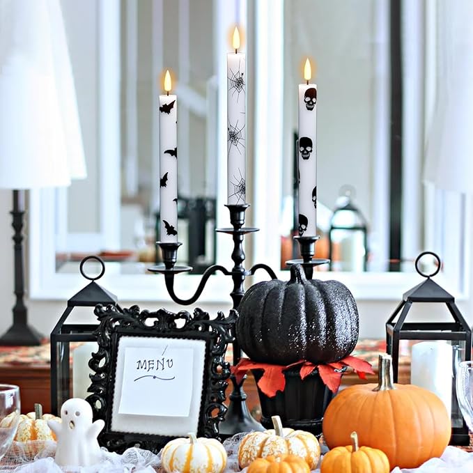 GenSwin Flameless Taper Candles with Remote Timer, 6Pcs LED Flickering Taper Candles Battery Operated Real Wax with Spider Webs/Skull/Bats Decals for Halloween Spooky Decoration (White, 0.78”x9.65”)