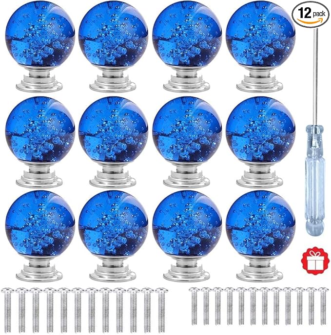 12 Pcs 30mm Round Shape Bubble Crystal Glass Cabinet Knobs with Screws Drawer Knob Pull Handle Used for Kitchen, Dresser, Door, Cupboard (Dark Blue)