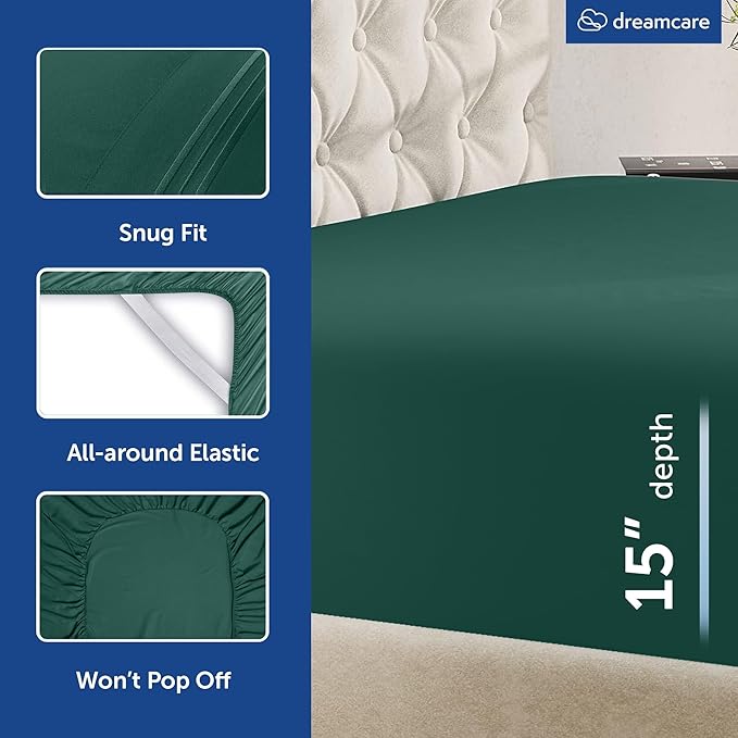 DREAMCARE King Size Sheets Set – 6 pcs Cooling Bed Sheets – up to 15” Deep Pocket King Sheet Set – 2500 Supreme Collection – Extra Soft 100% Brushed Microfiber Hotel Luxury with Side Pocket – E Green