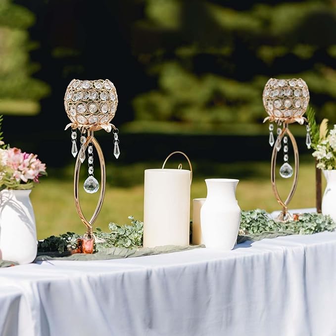6 Pcs Gold Elegant Metal Crystal Tea Light Candle Holders with Crystal Pendants, Hollow Design - Wedding Table Centerpieces for Anniversary Birthday Party, Home Decor