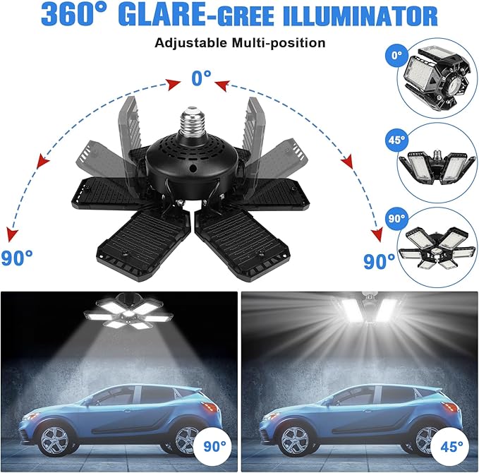 LED Garage Lights 1 Pack -180W, 18000LM 6500K Led Shop Light with 6+1 Deformable Panels, Basement Barn Light Garages Ceiling Lights, E26/E27 for Garage, Warehouse, Shop