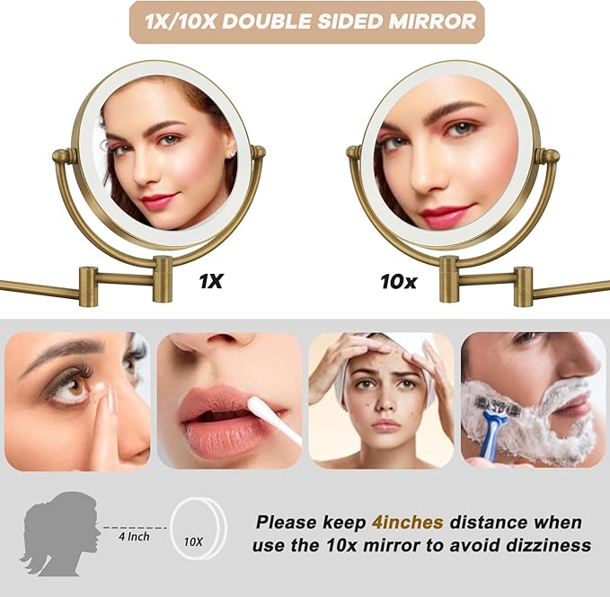 Make up Mirror Wall Mounted Lighted 10X Magnifying Hard Wired, Double Sides 3 Color Lighting Touch Dimming, 360 Swivel Extended Arm Shaving Light up Mirror for Bathroom, Antique Brass
