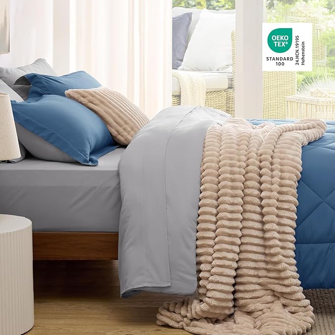 Bedsure Queen Comforter Set - 7 Pieces Reversible Slate Blue Bedding, Queen Size Bed Set for All Seasons, Bed in a Bag with Down Alternative Comforter, Sheets, Pillowcases & Shams