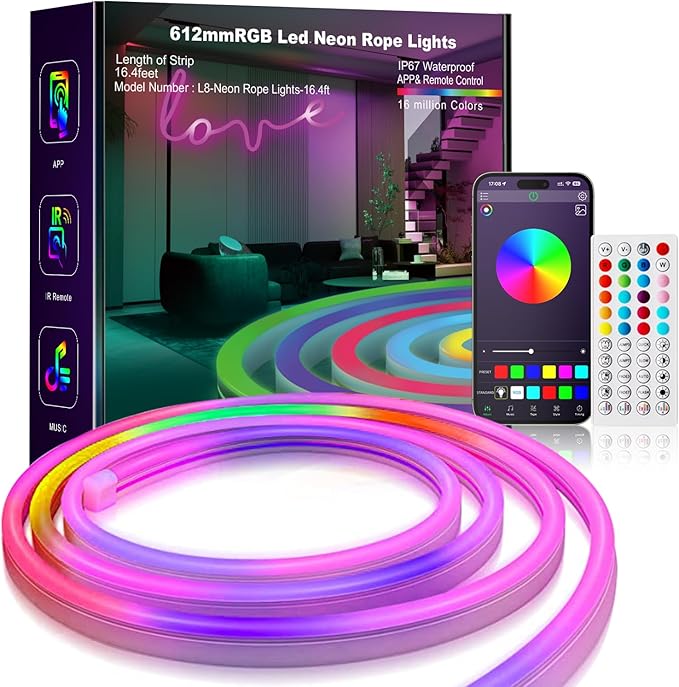 L8star 16.4ft RGB LED Neon Rope Light with Remote Control, Smart Color Changing DIY Mode Neon Flex Strip Lights for Bedroom Indoors Outdoors Decor