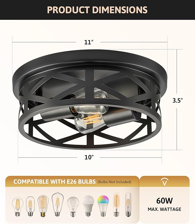 VONLUCE Flush Mount Ceiling Lights, 2-Light Hallway Ceiling Lighting Fixtures, 11 inch Farmhouse Metal Cage Ceiling Lights for Entryway Kitchen, Adjustable Lamp Holders, ETL, 2 pcs, Black