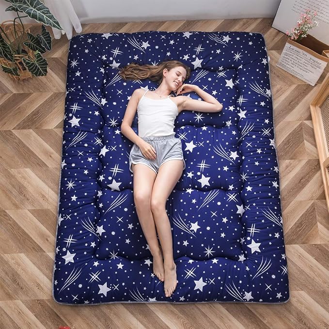 MAXYOYO Navy Starry Sky Japanese Futon Mattress, Tatami Floor Mat, Portable Camping Sleeping Pad, Foldable Roll Up Lounger Bed Full Size with Mattress Protector Cover