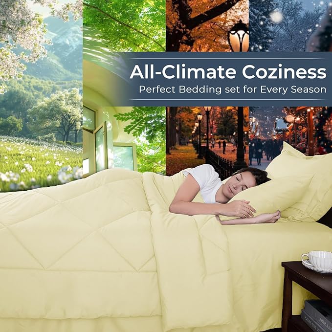 HEVUMYI Cream Yellow Twin Comforter Set - 5-Piece All Season Bed in a Bag Twin, Ultra Soft Bedding Set with Comforter, Flat Sheet, Fitted Sheet, Pillowcases, Pillow Shams
