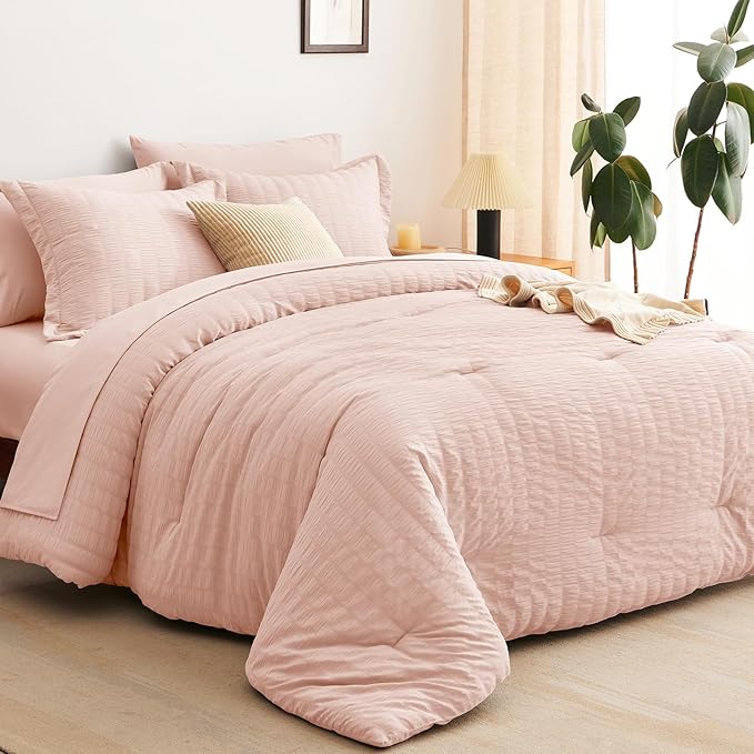 CozyLux King Size Comforter Set Blush Pink Seersucker 7 Pieces Bed in a Bag King Comforter Set with Sheets, Luxury Bedding Set with Down Alternative Comforter, Sheets, Pillowcases & Shams All Seasons