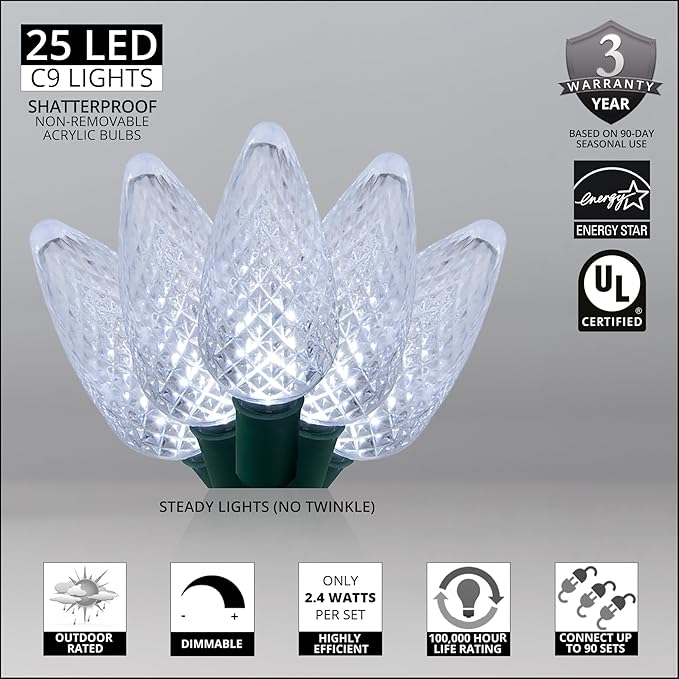 C9 LED Faceted Cool White Prelamped Light Set, Green Wire - 25 C9 Cool White LED Christmas Lights, 8" Spacing