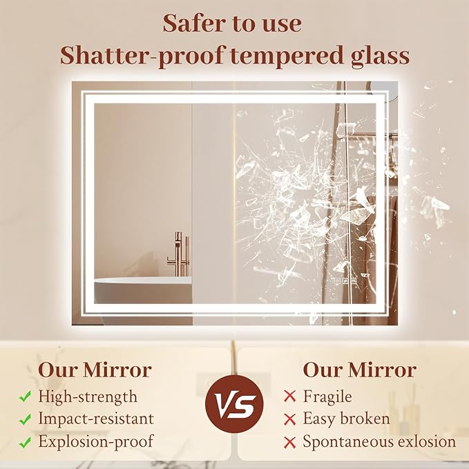 36x36 LED Mirror for Bathroom with Front and Backlit Light Up Digital Mirrors for Wall,Anti Fog,Stepless Dimmable,Tempered Silver Glass Smart Vanity Mirror for Bathroom