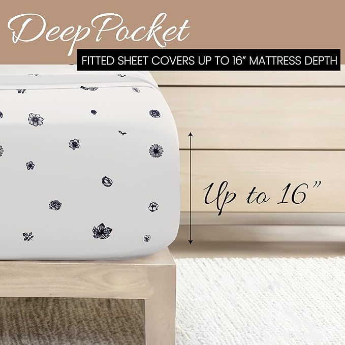 Linen Market 4 Piece King Sheet Set - Breathable, Double-Brushed Patterned Cooling Sheets – Oeko-TEX Certified Ultra Soft & Wrinkle-Free 16" Deep-Pocket King Sheets - Easy Care Indigo Flowers Navy