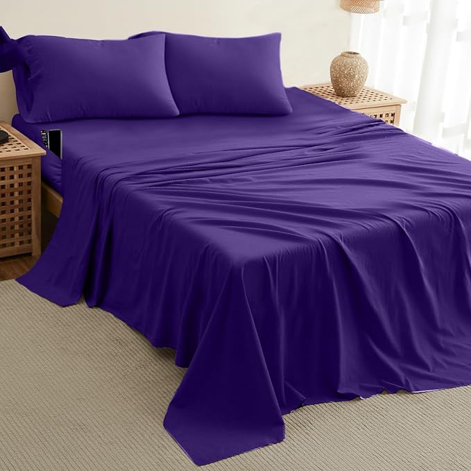 DREAMCARE California King Sheet Sets - Cooling Bed Sheets - 4pcs Set - up to 15" Deep Pocket Cal King Sheets - California King Sheets - Soft & Lasting 100% Brushed Polyester with Side Pocket - Purple