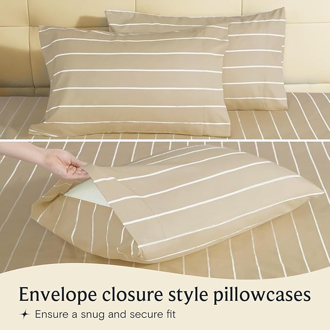 LuxClub 4 PC Queen Size Sheet Set Bed Sheets, Breathable Luxury Deep Pockets Wrinkle Free Cooling Sheets Machine Washable Hotel Bedding (Queen, Striped Cream)