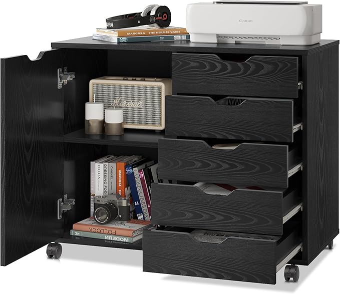 DEVAISE Mobile File Cabinet, 5-Drawer Wood Dresser Chest with Door, Printer Stand for Home Office, Black