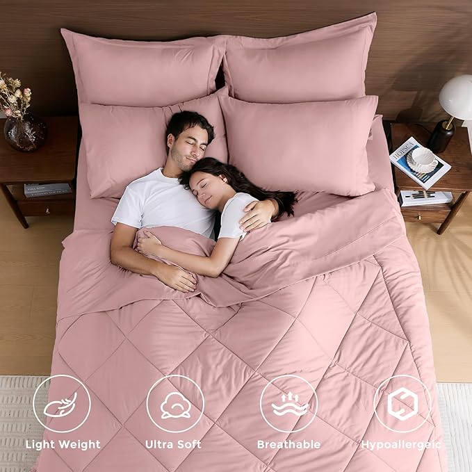 HEVUMYI Rose Gold Twin-XL Comforter Set - 5-Piece All Season Bed in a Bag Twin-XL, Ultra Soft Bedding Set with Comforter, Flat Sheet, Fitted Sheet, Pillowcases, Pillow Shams