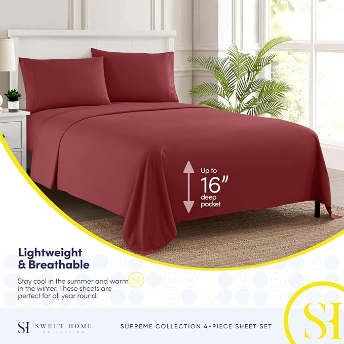Queen Size Bed Sheets - Breathable Luxury Sheets with Full Elastic & Secure Corner Straps Built In - 1800 Supreme Collection Extra Soft Deep Pocket Bedding Set, Sheet Set, Queen, Burgundy
