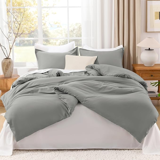 Litanika Comforters Medium Gray Super King Size, 3 Pieces Lightweight Solid Bedding Set & Collections, All Season Fluffy Bed Set (120x120In Comforter & 2 Pillowcases)