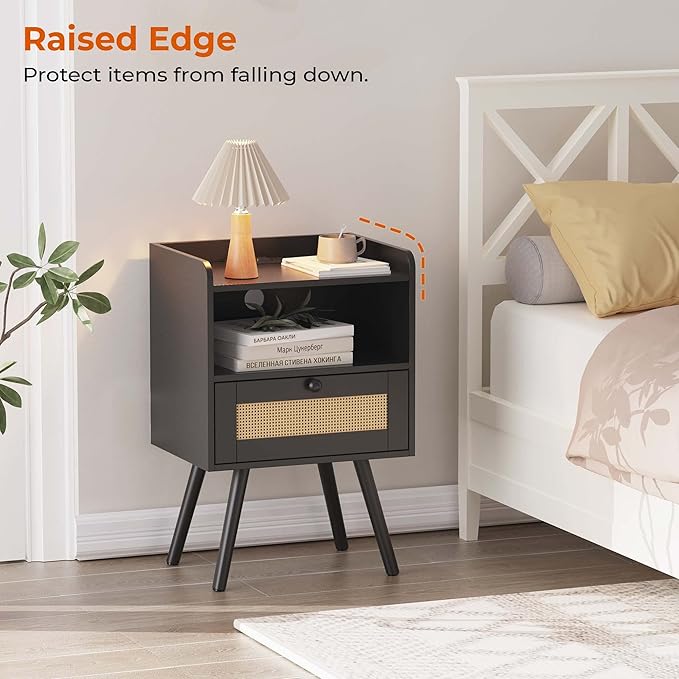 SUPERJARE Nightstands with Charging Station, Bedside Table Set of 2 with PE Rattan Drawers, Rattan Side Table with Storage & Solid Wood Feet, End Table for Bedroom, Black