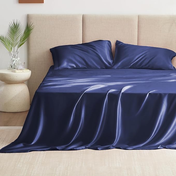 Love's cabin Twin XL Satin Sheet Sets - 3 Piece Navy Blue Silky Bed Sheets with Deep Pockets, Luxury Silk Feel Satin Sheet Set Twin XL (1 Flat Sheet,1 Fitted Sheet,1 Pillow case)