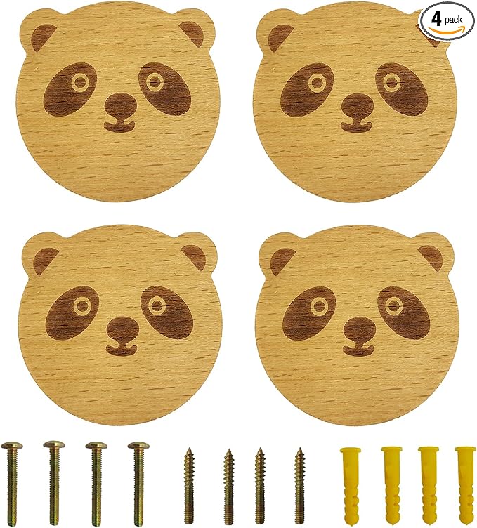 4PCS Wooden Panda Shaped Cabinet Knobs, Cabinet Handles, Single Hole Beech Wood Handles, Wood Hooks with Full Set of Screw Accessories