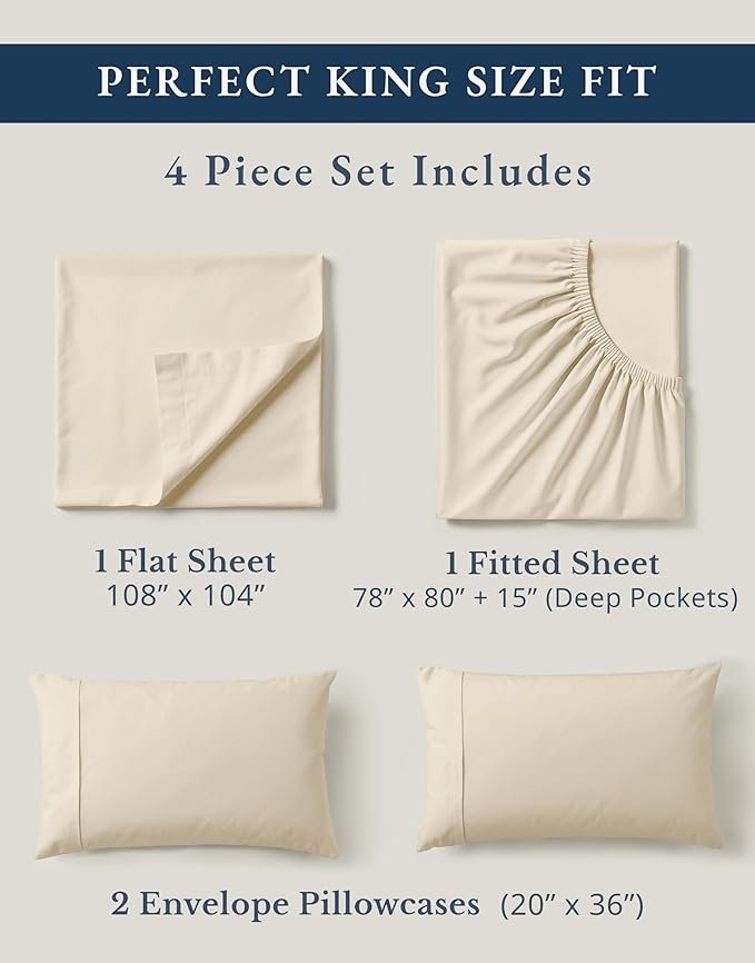 LANE LINEN 100% Organic Cotton Sheets King Size - 4 Pc Bed Sheets King Size, Soft & Breathable Cotton Sheets Set, Percale Sheet & Pillowcase Sets, deep Pocket Sheets Set - Natural