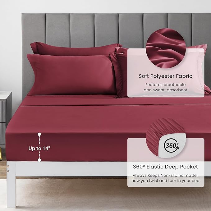 Love's cabin Full Comforter Set Burgundy, 7 Pieces Full Bed in a Bag, All Season Bedding Sets with 1 Comforter, 1 Flat Sheet, 1 Fitted Sheet, 2 Pillowcase and 2 Pillow Sham